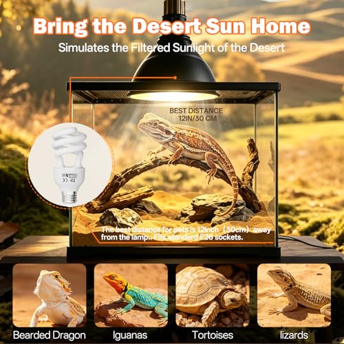 UVB Reptile Light Bulb 10.0: Bearded Dragon 15W Reptile UVB Light 2 Pack, UVA UVB Light for Reptiles Terrarium Compact Fluorescent Lamp, Desert UVB Bulb for Tortoise, Lizard - with UV Sensor Card - size: 5.5INCH-10.0