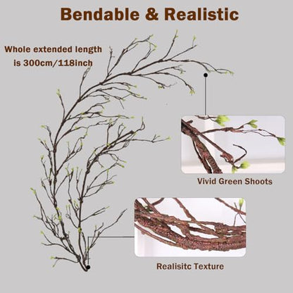 118"Faux Hanging Curly Willow Grapevine Bendable Tree Branche Wall Greenery | Long Realistic Fake Wood Greenery Twigs Stems Artificial Garland Plants For Porch Garden Mantel Arch Room Halloween Decor