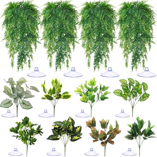 12 Pcs Reptile Plants Terrarium Hanging Plant Vines Artificial Leaves with Suction Cups Climbing Foliage for Bearded Dragon Lizard Gecko Snake Tank Accessories Decor(Petite Leaf Series) - style: Petite Leaf Series
