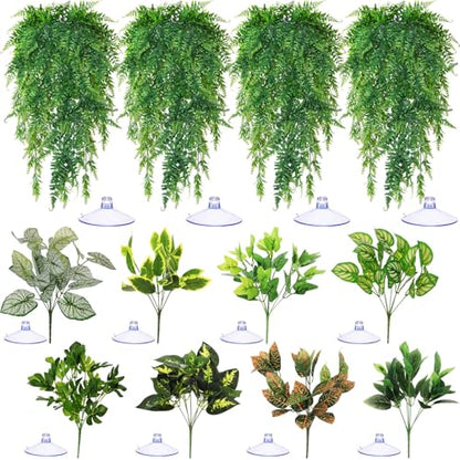 12 Pcs Reptile Plants Terrarium Hanging Plant Vines Artificial Leaves with Suction Cups Climbing Foliage for Bearded Dragon Lizard Gecko Snake Tank Accessories Decor(Petite Leaf Series) - style: Petite Leaf Series