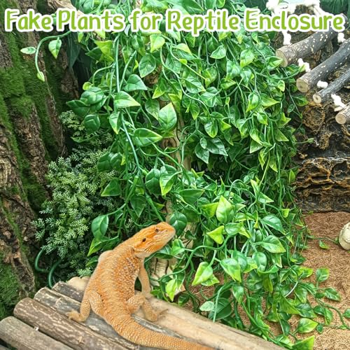 Hamiledyi Reptile Plants for Terrarium Hanging Fake Leaves with Suction Cup | 5 Pack Artificial Snake Foliage, Bearded Dragon Tank Greenery Reptile & Amphibian Habitat Plant for Chameleon Gecko (Green) - size: 5 PCS - Style 4