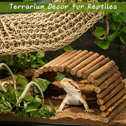 kathson Bearded Dragon Hammock Reptile Hideout Wooden Bridge Jungle Climber Vines Flexible Reptile Leaves with Suction Cups Reptile Habitat Decor for Chameleon, Lizards, Gecko, Snakes Climbing Hiding