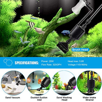 AQQA Aquarium Gravel Cleaner, 6-in-1 Fish Tanks Gravel Vacuum Cleaner Set | Remove Dirt, Change Water, Wash Sand, Water Shower, Water Circulation (20W, 320GPH)