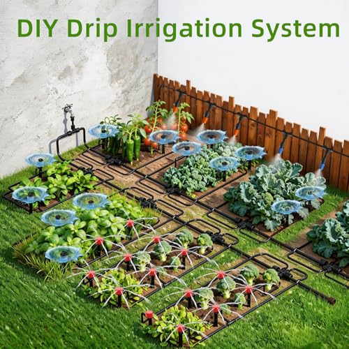 Drip Irrigation System with Quick-Connect, 248FT Complete Kit | Automatic watering with leak-free push-fit connectors, adjustable drip emitters for gardens, raised beds, greenhouses & lawns - size: 34FT 1/2''Main tube+214FT 1/4'' tube