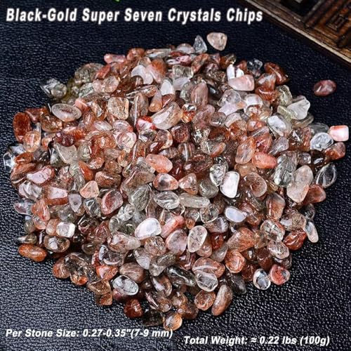 Erliway 7-9mm Black-Gold Super Seven Healing Crystal Chips for Crafts, 100g | Natural Crushed Crystal Stones Tumbled Chips for Vase Filler Aquarium Gravel, Meditation Chakra Balancing, Candle DIY Making - color: Black-gold Super Seven