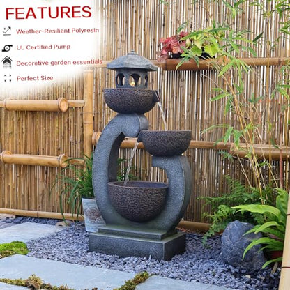 Tankana Water Fountain Outdoor Zen Feature - Garden Tranquil Pagoda Waterfalls Fountains Bowl with LED Lights & Pump for Patio Yard Porch Pool, Gray, 35.5 inches