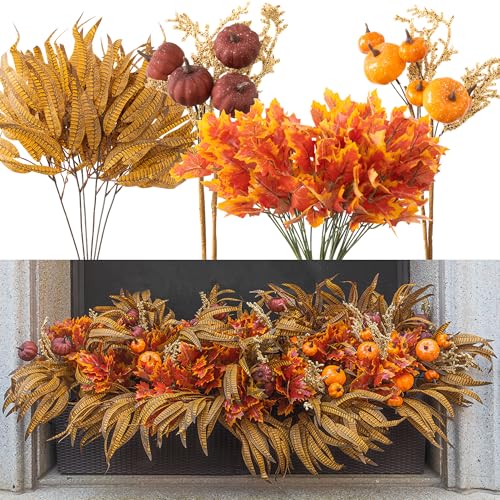 15pcs Outdoor Fall Artificial Branch with Pumpkin, Feather and Maple Leaves for Indoor Outside Hanging Plants Garden Porch Window Box Home Wedding Farmhouse Décor - color: Brown&yellow