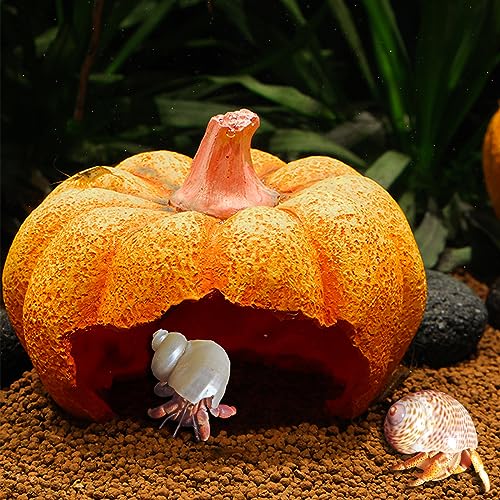 Hermit Crab Hideout Resin Simulation Halloween Pumpkin House Reptile Hides and Caves Chameleon Rest Hut Aquarium Habitat Decor Accessories for Bearded Dragon Leopard Lizard Snake Tortoise Frog Gecko - style: Pumpkin House