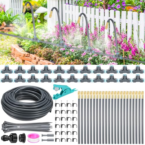 M METERXITY 1-Set Drip Irrigation System, 66Ft 5/16" Hose Garden Watering Misting System with 22pcs 360° Adjustable Copper Nozzles for Greenhouse/Yard/Lawn, Atomizing Watering Accessories - color: Gray + Gold Tone, size: 66Ft 5/16"
