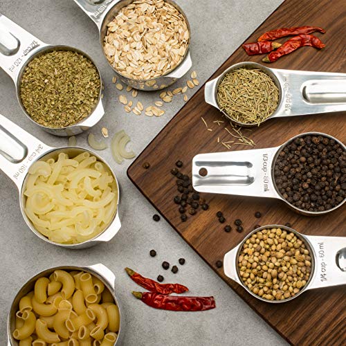 7-Piece 18/8 Stainless Steel Measuring Cups Set, Silver | Includes 1/16, 1/4, 1/3, 1/2, 2/3, 3/4 and 1 Cup, Engraved US and Metric Markings, Pour Spouts and Ring Connector - color: Silver, size: 7 Piece
