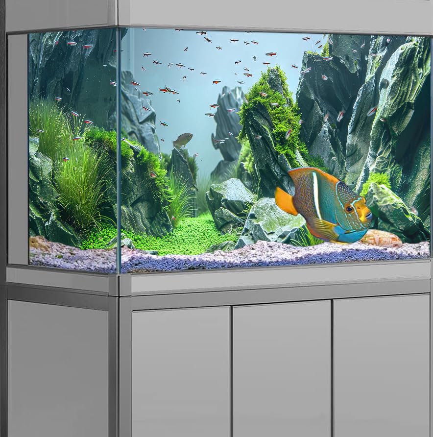 Marine Aquarium Background, Sea Rock Green Landscape Fish Tank Background, Nature Photo Terrarium Background 30X18IN with 8 EVA Double-Sided Tape - size: 30X18in/75X45cm