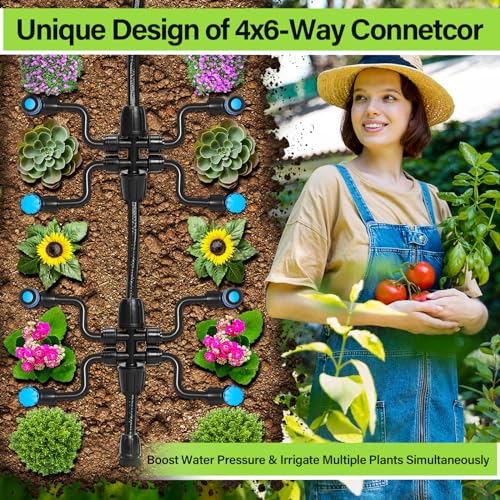 50FT 5/16 Inch Mainline Tubing with 6-Way Couplers, 4-Pack | Compact Mainline Kit for DIY Irrigation. Four Push-to-Connect 6-Way Couplers Help Create Branches in Raised Beds and Gardens. - size: 50FT - 5/16" Tubing