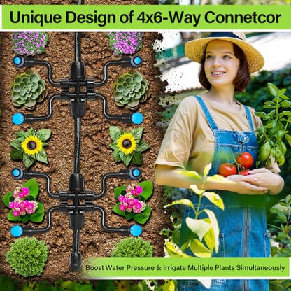 50FT 5/16 Inch Mainline Tubing with 6-Way Couplers, 4-Pack | Compact Mainline Kit for DIY Irrigation. Four Push-to-Connect 6-Way Couplers Help Create Branches in Raised Beds and Gardens. - size: 50FT - 5/16" Tubing