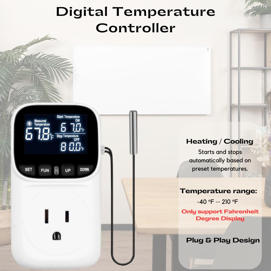 Backlit Digital Temperature Controller, Thermostat Socket Plug with Timer, Heating and Cooling Mode 110V 15A Fahrenheit