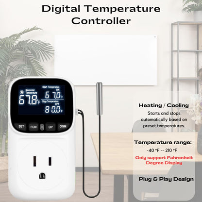 Backlit Digital Temperature Controller, Thermostat Socket Plug with Timer, Heating and Cooling Mode 110V 15A Fahrenheit