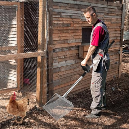 Chicken Poop Scooper with Ergonomic Grip | 15-inch Large Sifting Head, Adjustable Length 24 to 70", Stainless Steel, for Chicken Coop/Goat Stall/Stable Cleaning