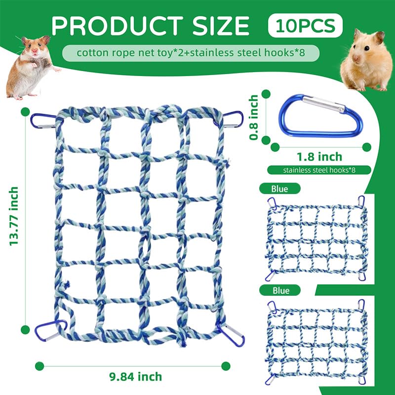 2 Pcs Rat Climbing Ropes for Cage - Rat Accessories - 12.6 x 9.84 inch Hammock - Cotton Rope Bridge - Bird Ladder with 4 Silver Hooks (Blue) - color: blue