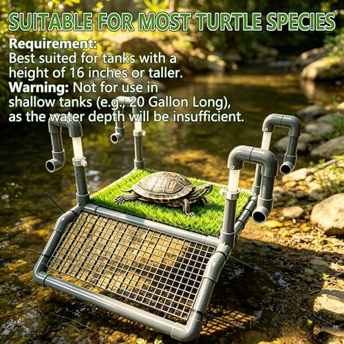 Extra Large Turtle Basking Platform with Ramp, Height-Adjustable(7.9"-13.9") PVC Dock, Non-Slip Mesh, Above Water Dry Area, 1 Piece of Artificial Turf (11.8“ x 7.87”) Included