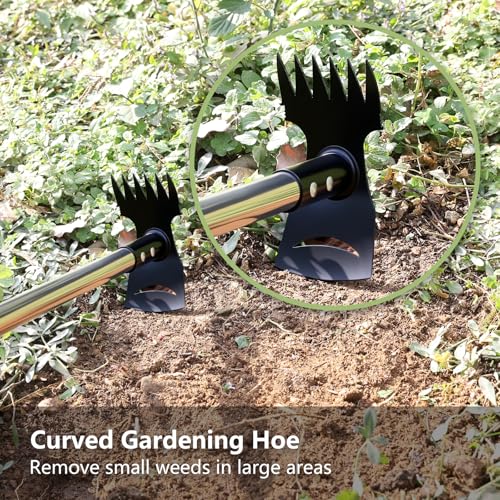 Weed Remover Tool with Long Handle(58IN), 2-in-1 Hand Weed Puller with Rake & Garden Hoe Combo for Gardening, Manual Weeding Tools for Gardens, Yards, Patios, Lawns, and Paved Areas