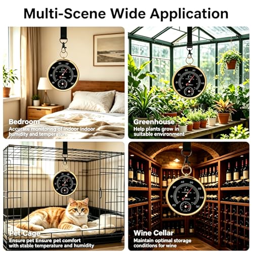 Analog Thermometer Hygrometer with Lanyard, -22°F to 122°F / 0-100% RH, Battery-Free Mechanical Temperature Humidity Monitor for Home,Pet Room, Farm, Garden & Greenhouse
