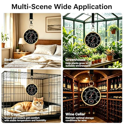 Analog Thermometer Hygrometer with Lanyard, -22°F to 122°F / 0-100% RH, Battery-Free Mechanical Temperature Humidity Monitor for Home,Pet Room, Farm, Garden & Greenhouse