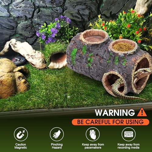 MECESOR Magnetic Reptile Hide with Waterer & Feeder Trough,Resin Hollow Tree Gecko Hideout Cave,Non-Toxic Climbing Toy Terrarium Decor for Green Anole,Tree Frog Climbing Accessories,Grey