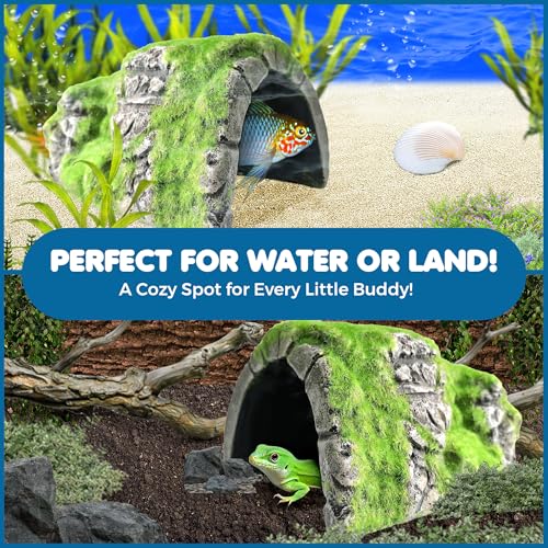 SunGrow Reptile Hideout Cave with Artificial Moss, Rock Habitat Shelter for Lizards, Snakes, Geckos, Frogs & Aquariums, Durable Resin Cave Decor, 6 x 3 x 4 Inches