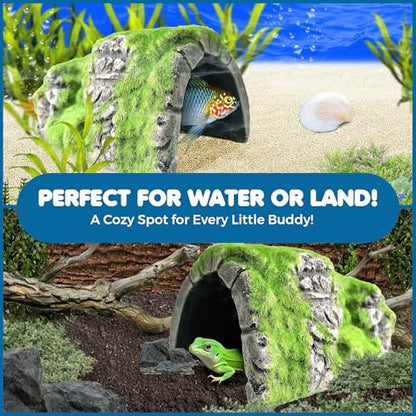 SunGrow Reptile Hideout Cave with Artificial Moss, Rock Habitat Shelter for Lizards, Snakes, Geckos, Frogs & Aquariums, Durable Resin Cave Decor, 6 x 3 x 4 Inches