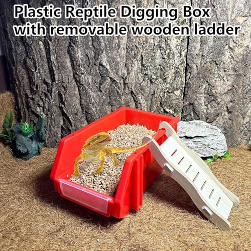 Reptile Digging Box Plastic Leopard Gecko Burrowing Habitat Hide Box with Wooden Ladder Compatible with Terrariums Tailored for Juvenile Bearded Dragons and Snake in Compact Setups (Red) - color: Red