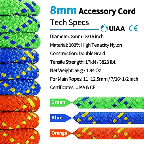 Prusik Cord 8mm (5/16in) 20M(65ft) Climbing Nylon Rope Accessory Line Double Braid Pre Cut Cord Climbing Rock Accessories Uiaa High Tensile Strength for Mountaineering, Canyoneering, Rescue - color: Green 8mm, size: 65FT(20M)