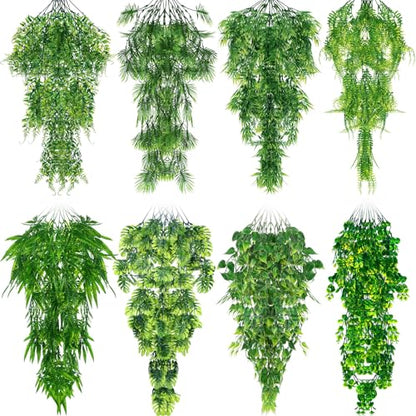 8 Pack Reptile Plants Terrarium Hanging Plant Vine Boston Climbing Terrarium Plant with Suction Cup for Bearded Dragons Lizard Crested Gecko Snake Crab Tank(Lush Series,Multiple Green) - style: Lush Series