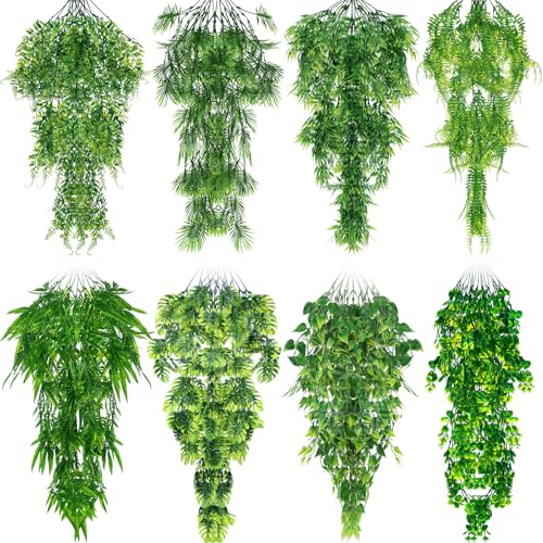 8 Pack Reptile Plants Terrarium Hanging Plant Vine Boston Climbing Terrarium Plant with Suction Cup for Bearded Dragons Lizard Crested Gecko Snake Crab Tank(Lush Series,Multiple Green) - style: Lush Series