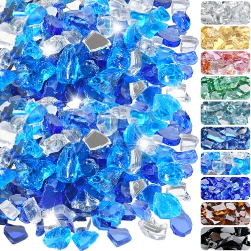 10 Pounds Fire Glass 1/2 Inch High Reflective Tempered Firepit Glass | Cobalt Blue, Oceanic Blue, Crystal Clear Rocks for Fireplace, Fire Pit Table, Fire Bowl and Landscaping & DIY Crafts - color: Cobalt Blue, Oceanic Blue and Crystal Clear, size: 1/2 inc