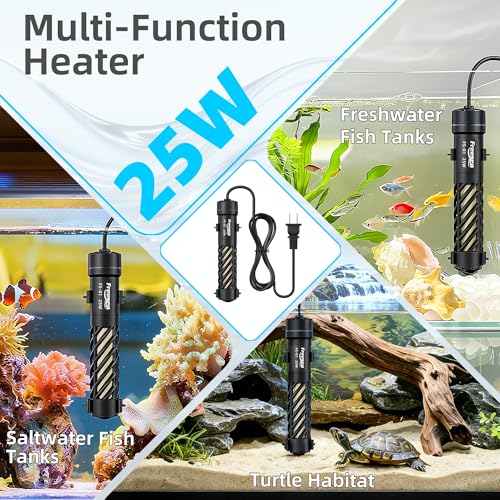 FREESEA Aquarium Heater for Fish Tank: 25W Small Submersible Thermostat with Off-Water Protection & UL Certified Cord for 1-5 Gallon Fish Turtle Tanks Enthusiasts