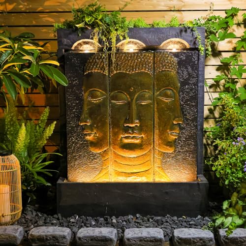 Tankana Zen Buddha Outdoor Fountain - Large Indoor Water Fountains Waterfall with Planting Groove Wall Water Feature for Garden Patio Backyard Deck Lawn Home Decor, 45 inchesTall, Gold