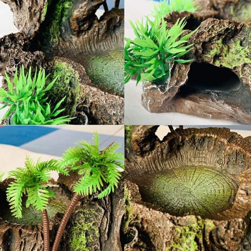 PINVNBY Reptile Water Dish, Snake Water Bowl, Resin Turtle Basking Platform with Artificial Plants, Crested Gecko Tank Accessories for Bearded Dragon, Hermit Crab, Snake (Smooth)