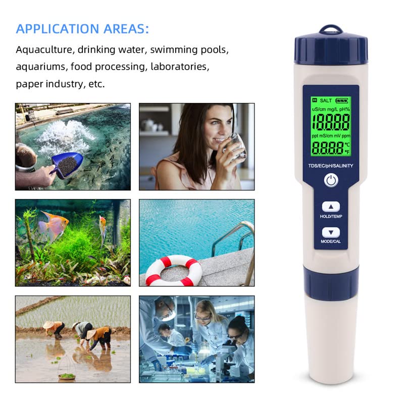 Pool Salt Tester & PH Meter, Hofun Digital Salinity Meter and PH Tester for Aquarium and Pool Saltwater Water, 5 in 1 Salinity PH Temp EC and TDS Meter, Aquarium Swimming Pool Hot Tub, High Accuracy