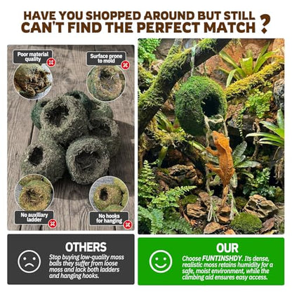Moss Cave Hideout with Hanging Rope & Hemp Climbing Ladder – Natural Reptile Tank Decor Accessories for Crested Geckos, Chameleons, Tree Frogs, Leopard Geckos & Snakes. Terrarium & Vivarium Decor (4") - size: 4"