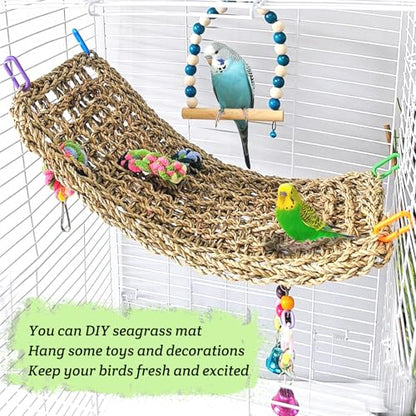 Bird Seagrass Mat 16 × 7" Parrot Natural Grass Woven Net Hammock Parakeet Climbing Rope Ladder Mat Chew Toys Cage Accessories for Pigeon Cockatiel Conure Budgie Cockatoo Rat Hamster - size: 16" × 7"