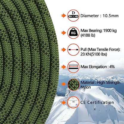AOLEBA 10.5 mm Static Climbing Rope 10M(32ft) 20M(64ft) 30M(96ft) 50M(160ft) 70M(230ft) Outdoor Rock Climbing Rope, Escape Rope Ice Climbing Equipment Fire Rescue Parachute Rope - color: Green, size: 32ft