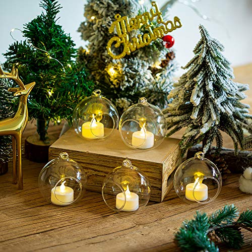 NUPTIO Hanging Glass Tealight Holders with LED, 24 Pcs, 3.15 Inch | Includes Flameless Lights, Clear Votive Globes, Ready to Hang, for Terrariums, Gardens, Weddings, DIY Gifts - size: 3.15 inches