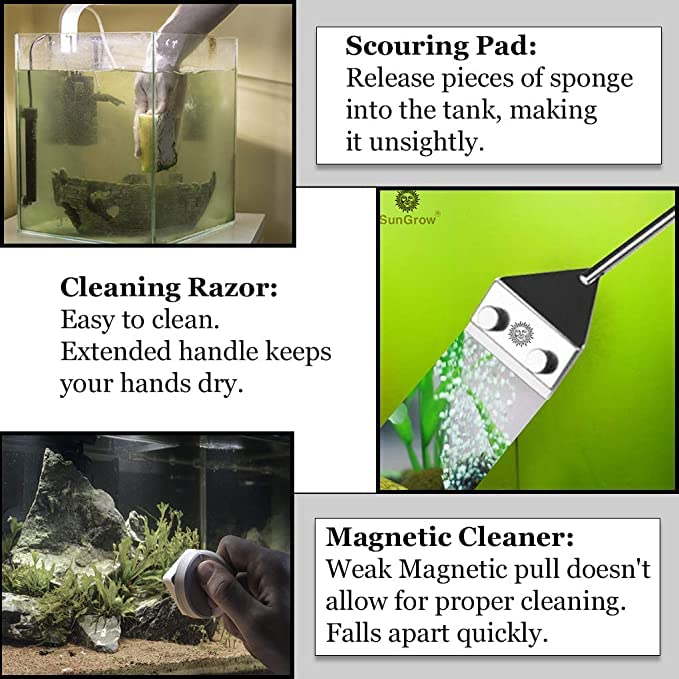 SunGrow Aquarium Glass Cleaner, Long Handheld Tool Cuts Cleaning Time to Half, Keep Hands Dry, Sharp Blade to Scrape Thickest Residue, Frequent Tank Maintenance