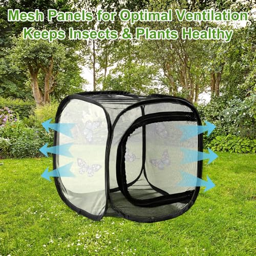 M METERXITY Butterfly Habitat Cage Terrarium, Outdoor Collapsible Mesh Pop-up with Zipper Protection for Breeding Butterfly/Ladybug, Mesh Plant Enclosure [Black with Black, 12 x 12 x 12 Inch] - color: Black With Black