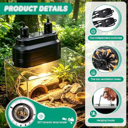 Dual Reptile Deep Dome Lamp Fixture with Independent Switches | Temperature Adjustment,Dual Deep Cap Combo,UVB & Basking Bulb Holder for Bearded Dragons,Turtles,Snakes & Lizards