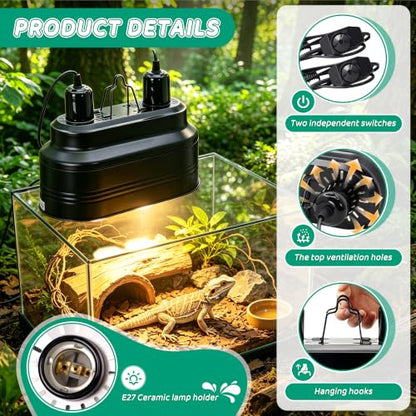 Dual Reptile Deep Dome Lamp Fixture with Independent Switches | Temperature Adjustment,Dual Deep Cap Combo,UVB & Basking Bulb Holder for Bearded Dragons,Turtles,Snakes & Lizards