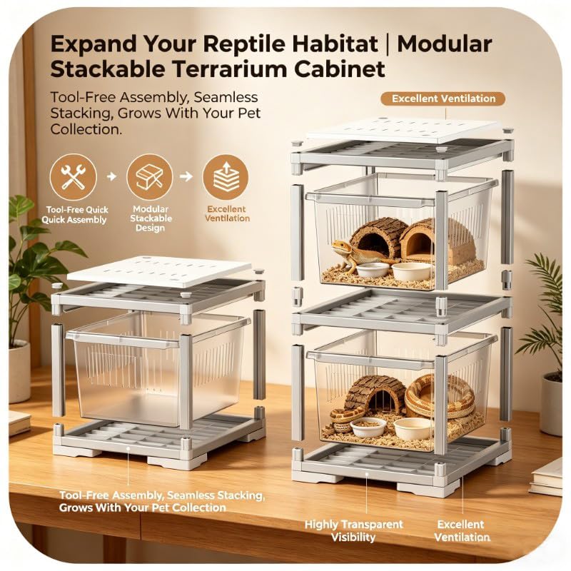2-Tier Stackable Reptile Enclosure, Aluminum Frame Reptile Cage with Sliding Drawer Doors, Escape Proof Lock & Ventilation, Breeding Tank for Gecko Lizard Snake Juvenile Habitat, 13x15.5x18 Inches