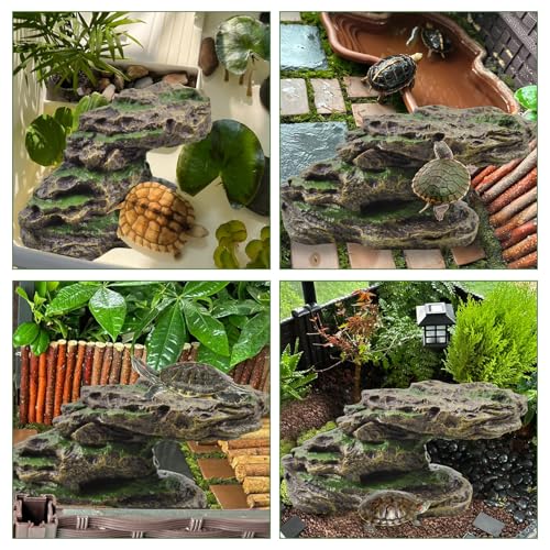 PINVNBY Turtle Basking Platform with 2 Pcs Suction Cups,Resin Floating Dock for Turtles,Tortoise Climbing Ramp Shale - Ideal for Aquatic Turtles,Stable & Durable,Easy to Install(Green Brown) - color: 【brown】, size: 【M:8.2”Lx3.3”Wx3.1”H】