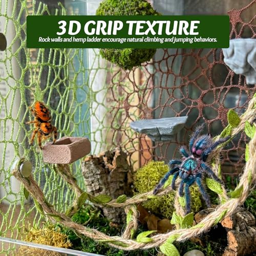 Jumping Spider Enclosure Accessories Kit - Magnetic Moss Ball Hideout, 2 Rock Ledges, Feeding Bowl, Climbing Mesh Nets & Rope Ladder - Natural Forest Habitat Decor for Regal (Moss Cave) - size: Moss Cave without Rope