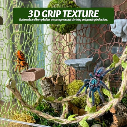 Jumping Spider Enclosure Accessories Kit - Magnetic Moss Ball Hideout, 2 Rock Ledges, Feeding Bowl, Climbing Mesh Nets & Rope Ladder - Natural Forest Habitat Decor for Regal (Moss Cave) - size: Moss Cave without Rope