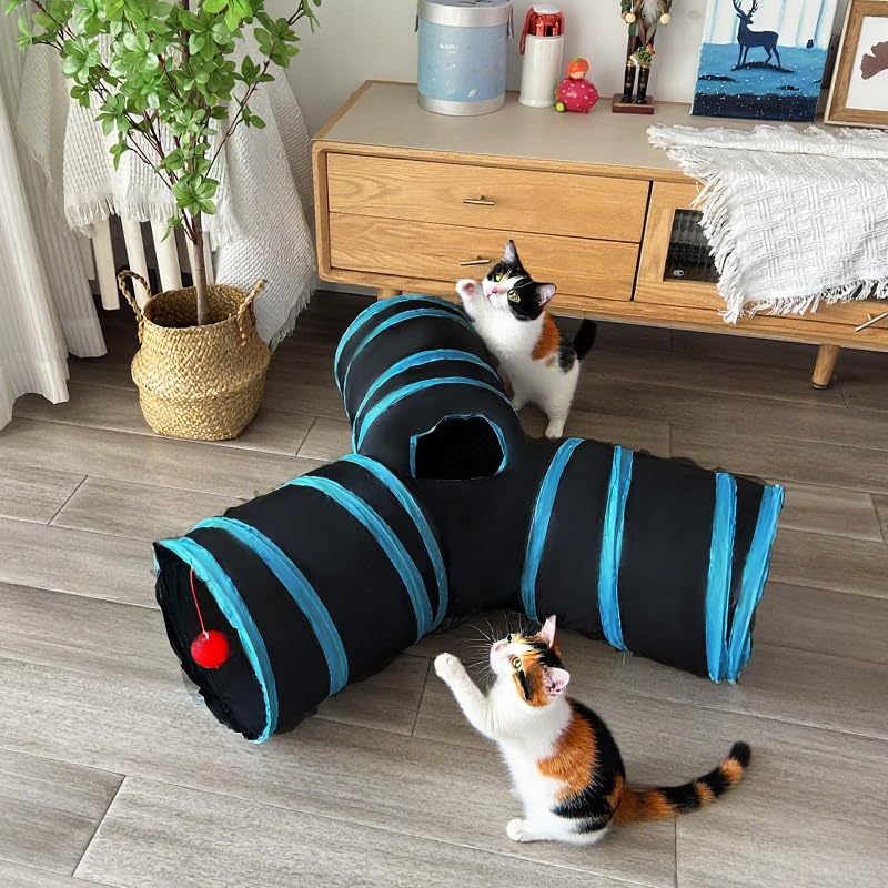 3-Way Collapsible Cat Tunnel Tube Toy Black Blue | Interactive Tunnel with Hanging Ball & Peek Hole for Indoor Cats, Kittens, Puppies, Rabbits | Hours of Fun & Exercise - color: Black Blue
